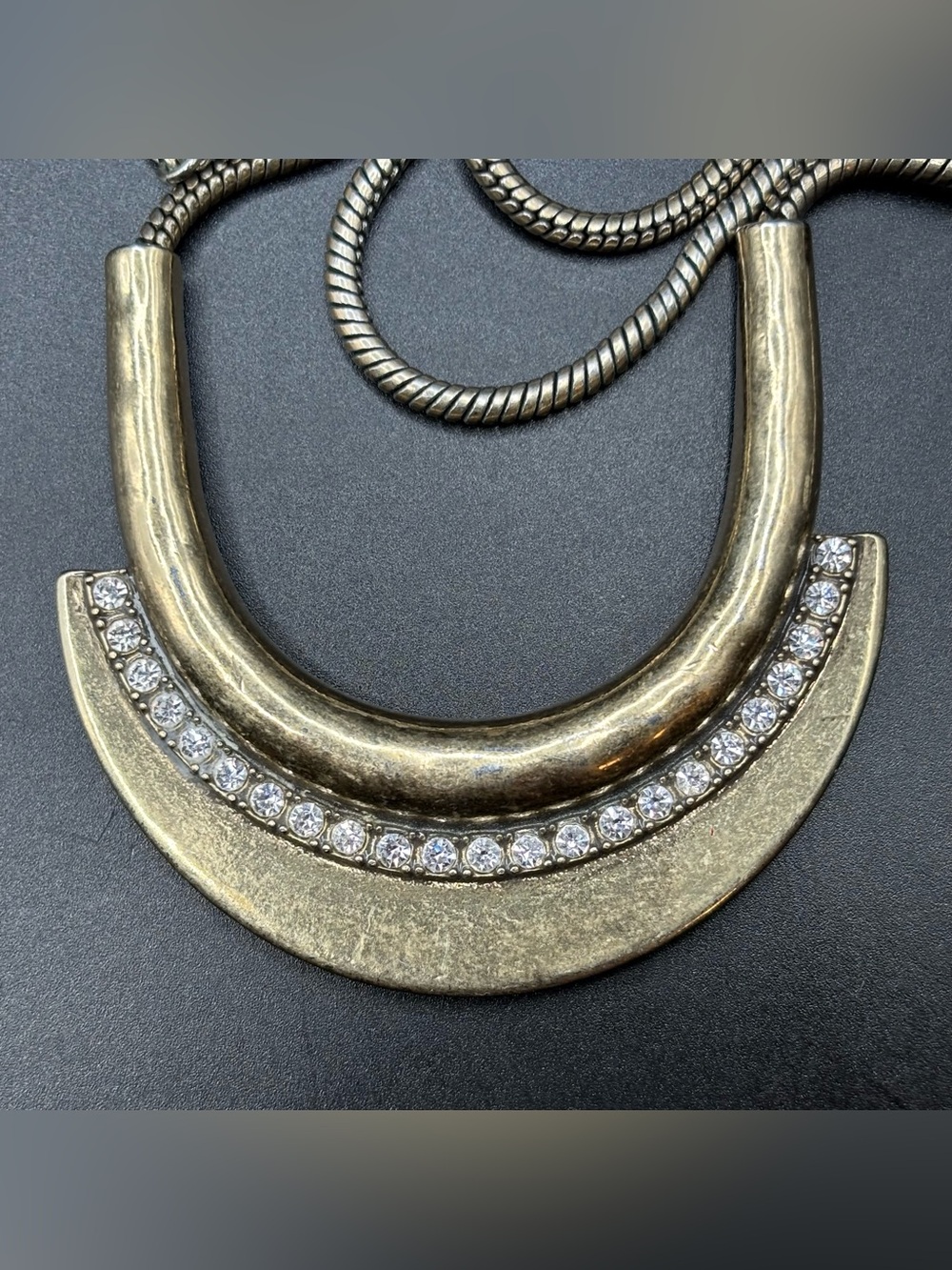 Chloe + Isabel Crescent Bib Bolo Necklace Antiqued Brass Rhinestone Slider c+i